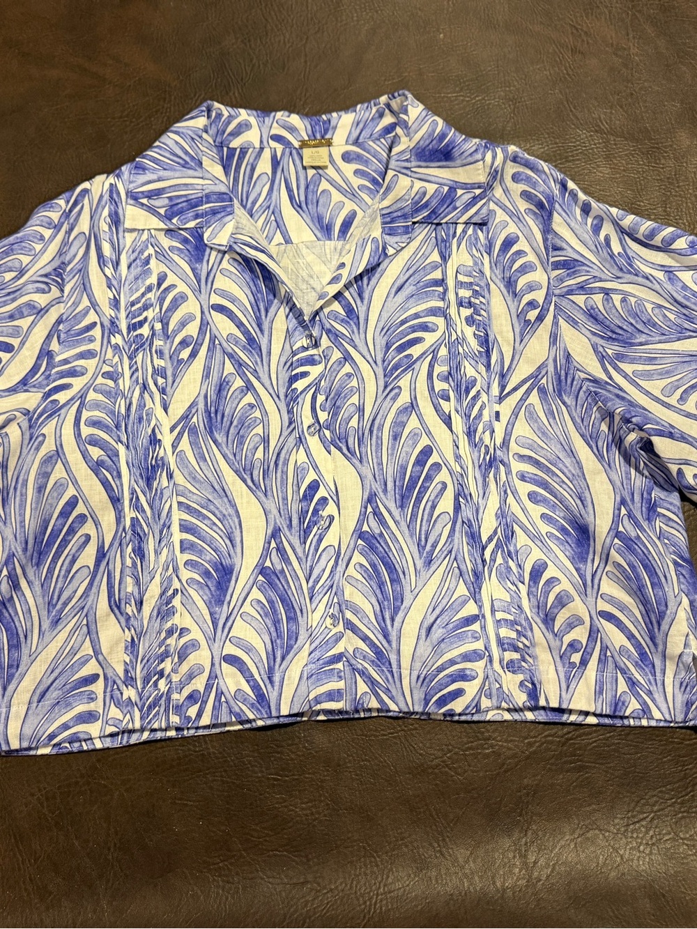 Magaschoni Blue and White Linen Leaf Print Top